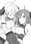  2girls ahoge armlet artoria_caster_(counter_stretch) artoria_caster_(fate) artoria_pendragon_(fate) bare_arms bare_shoulders blush breasts closed_mouth collar f_204nocontent fate/grand_order fate_(series) fujimaru_ritsuka_(female) greyscale highres looking_at_viewer medium_breasts monochrome multiple_girls open_mouth ribbon short_hair teeth twintails white_background yuri 