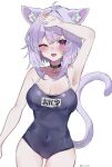  1girl animal_collar animal_ear_fluff animal_ears armpits black_collar black_one-piece_swimsuit breasts cat_ears cat_girl cat_tail character_name cleavage collar collarbone covered_navel cowboy_shot highres hololive large_breasts mofumin nekomata_okayu one-piece_swimsuit purple_eyes purple_hair purple_tail school_swimsuit solo swimsuit tail 