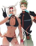  1boy 1girl absurdres achilles_(fate) achilles_(fearless_diver)_(fate) animal_ears armband bikini black_bikini black_hairband black_shirt blue_eyes body_markings breasts caenis_(fate) caenis_(swimsuit_rider)_(fate) caenis_(swimsuit_rider)_(first_ascension)_(fate) cleavage cowboy_shot dark-skinned_female dark_skin eyewear_on_head fate/grand_order fate_(series) food food_in_mouth gloves goggles goggles_on_head green_hair hairband hand_on_own_hip haruakira highres holding holding_food holding_popsicle large_breasts large_pectorals long_hair looking_at_viewer mouth_hold navel pants pectorals popsicle popsicle_in_mouth red-tinted_eyewear shirt short_hair simple_background sleeveless sleeveless_shirt smile sunglasses swimsuit tinted_eyewear v very_long_hair white_background white_hair white_nails wristband yellow_eyes 