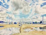  apartment blue_sky chimney day didi_daisukedoi factory field highres house no_humans original painting_(medium) puddle reflection reflective_water sky smoke_trail tower town traditional_media tree utility_pole water watercolor_(medium) 