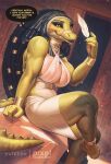  2024 ammit ammit_(moon_knight) anthro barefoot big_breasts bodily_fluids breasts crocodile crocodilian crocodylid dialogue egyptian_god egyptian_mythology english_text feathers feet female huge_breasts looking_at_viewer marvel marvel_cinematic_universe middle_eastern_mythology moon_knight_(series) mythology navel pixelsketcher reptile scalie sitting smile smiling_at_viewer solo sweat talking_to_viewer text 