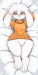  anthro blush blush_lines body_pillow cave_story clothed clothing commonbleat digitigrade female hands_behind_head hearts_around_head hi_res lagomorph looking_at_viewer lying mammal mimiga on_back orange_eyes pantsless pillow solo sweater topwear turtleneck white_body 