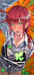 1girl absurdres black_bra black_panties blush bra braid braided_ponytail breasts chainsaw_man commentary erupusai2 heart heart-shaped_pupils highres large_breasts long_hair long_sleeves looking_at_viewer makima_(chainsaw_man) naughty_face open_mouth orange_background panties red_hair see-through shirt solo symbol-only_commentary symbol-shaped_pupils underwear wet wet_clothes wet_shirt white_shirt yellow_eyes 