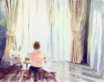  1girl bed child curtains didi_daisukedoi highres indoors interior original painting_(medium) shadow stuffed_animal stuffed_toy sunlight traditional_media watercolor_(medium) window window_shadow 