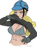  1girl abs blonde_hair blue_hat bra breasts cleavage closed_mouth clothes_lift commentary eyelashes gigobyte350 gloves green_eyes hand_on_own_hip hand_up hat helmet lifting_own_clothes long_hair navel pokemon pokemon_swsh shirt_lift simple_background solo sweat underwear upper_body white_background worker_(pokemon) 