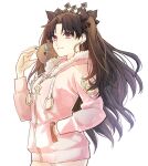  1girl animal_on_shoulder black_bow black_hair bow closed_mouth cowboy_shot crown earrings fate/grand_order fate_(series) fur-trimmed_hood fur_trim gold_earrings gold_trim gugalanna hair_bow hand_in_pocket hand_up highres hood hooded_jacket hoop_earrings ishtar_(fate) ishtar_(swimsuit_rider)_(fate) jacket jewelry long_hair long_sleeves looking_ahead parted_bangs pink_jacket red_eyes simple_background smile solo standing swimsuit swimsuit_under_clothes tsengyun two_side_up white_background 