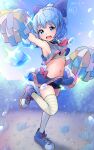  :d alternate_costume armpits ascot bike_shorts bike_shorts_under_skirt blue_eyes blue_hair bow breasts cheerleader cirno commentary_request crop_top cropped_shirt dated day footwear_bow full_body hair_bow highres ice icicle katsura_dendou leg_up light_particles looking_at_viewer miniskirt navel open_mouth outdoors outstretched_arm pink_ascot pink_bow polka_dot polka_dot_ascot pom_pom_(cheerleading) purple_bow purple_footwear purple_shirt purple_skirt shirt short_hair sideboob signature skirt smile sparkle sports_bra standing standing_on_one_leg stomach striped_clothes striped_sports_bra striped_thighhighs sweat teeth thighhighs touhou upper_teeth_only water yellow_sports_bra yellow_thighhighs 