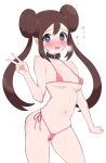  1girl absurdres bikini blush breasts breath brown_hair clenched_hand collar commentary_request contrapposto cowboy_shot double_bun green_eyes hair_bun hand_up heart heart-shaped_pupils highres long_hair looking_at_viewer maki_(letusgomaki) navel open_mouth pink_bikini pokemon pokemon_bw2 raised_eyebrows rosa_(pokemon) sidelocks simple_background solo sweat swimsuit symbol-shaped_pupils v white_background 