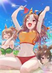  6+girls absurdres ahoge animal_ears arms_up bangs bikini breasts brown_hair cleavage clenched_hand closed_eyes closed_mouth cloud commentary_request copano_rickey_(umamusume) day fang flag glint green_bikini hand_in_own_hair haru_urara_(umamusume) highres holding holding_flag horse_ears horse_girl horse_tail index_finger_raised large_breasts lens_flare long_hair medium_breasts medium_hair mihono_bourbon_(umamusume) multicolored_hair multiple_girls nabe_puyo navel open_mouth outdoors ponytail red_eyes rice_shower_(umamusume) sakura_bakushin_o_(umamusume) sand shinko_windy_(umamusume) sitting skin_fang smile solo_focus sparkle string_of_flags sweat swimsuit taiki_shuttle_(umamusume) tail two-tone_hair umamusume 