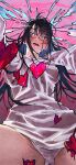  1girl absurdres black_hair blush breasts chainsaw_man commentary erupusai2 girl_on_top healing heart heart_in_eye highres large_breasts long_hair long_sleeves looking_at_viewer naughty_face open_mouth panties pink_background pussy_juice red_eyes see-through shirt solo symbol-only_commentary symbol_in_eye underwear wet wet_clothes wet_panties wet_shirt white_panties white_shirt yoru_(chainsaw_man) 