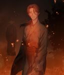  2boys blood blood_on_clothes blood_on_face brown_eyes brown_hair chinese_clothes embers hanfu hat highres holding holding_sword holding_weapon jian_(weapon) korean_commentary long_hair long_sleeves looking_ahead male_focus multiple_boys parted_lips ponytail qwert021600 renzha_fanpai_zijiu_xitong rice_hat shen_jiu_(renzha_fanpai_zijiu_xitong) smoke standing sword tree weapon wide_sleeves 