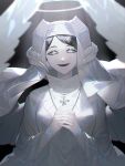  1girl angel_wings black_clover blue_eyes cross evil_smile facial_mark frit_2 habit highres holding holding_jewelry holding_necklace jewelry necklace nun praying robe sister_lily smile solo white_halo white_robe wings 