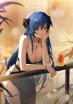  1girl absurdres arknights bangs black_dress blue_eyes blue_hair bracelet breasts cleavage cup dress drinking_glass hair_between_eyes halo head_rest highres horns jewelry jiusan_naitan large_breasts leaning_forward long_hair mostima_(arknights) open_mouth plant red_nails solo very_long_hair 