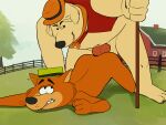  animated anthro barn bristle_hound canid canine canis clothing domestic_dog duo fence hanna-barbera hat headgear headwear herding_dog hi_res holding_neck it&#039;s_the_wolf knot knotting male male/male mammal mildew_wolf moan orange_body overweight overweight_male pastoral_dog sex sheepdog swarentaiger topwear vest wolf yellow_body 