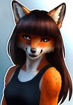  anthro black_clothing breasts brown_eyes canid canine canis clothed clothing digital_drawing_(artwork) digital_media_(artwork) ears female fluffy_r0se_petals fox fur hair hi_res long_hair looking_at_viewer mammal orange_body orange_fur portrait shaded shirt simple_background smile solo tank_top tink_top topwear white_body white_fur 