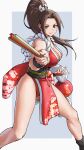  1girl absurdres bare_shoulders breasts brown_hair cleavage commentary fatal_fury folded_fan folding_fan hand_fan high_ponytail highres japanese_clothes long_hair looking_at_viewer ninja pelvic_curtain ponytail revealing_clothes rope shiranui_mai smile solo the_king_of_fighters thighs x_chitch 