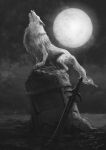  animal artist_name dark_souls_(series) dark_souls_i from_side great_grey_wolf_sif greyscale highres howling monochrome moon night no_humans outdoors planted planted_sword solo standing sword tombstone tripdancer watermark weapon wolf 