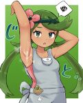  1girl :o arm_up armpits blush border collarbone commentary_request cum cum_on_armpit eyelashes flower green_background green_eyes green_hair grey_overalls hair_flower hair_ornament hand_up highres kutabireta_neko long_hair looking_at_viewer mallow_(pokemon) open_mouth outside_border overalls pink_flower pink_shirt pokemon pokemon_sm presenting_armpit shirt solo spoken_squiggle squiggle steaming_body swept_bangs twintails white_border 