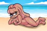  3_toes anthro beach blackmore blair_(blackmore) breasts clothing ears_down feet female freckles genitals hi_res lagomorph leporid mammal navel nipples nude pivoted_ears pussy rabbit sand solo summer swimwear tail toes 