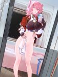  1girl :d black_gloves black_shirt bottomless breasts cellphone crop_top distr feet_out_of_frame fingerless_gloves gloves groin highres holding holding_phone honkai:_star_rail honkai_(series) indoors large_breasts long_sleeves looking_at_viewer march_7th_(honkai:_star_rail) march_7th_(hunt)_(honkai:_star_rail) medium_hair navel official_alternate_costume official_alternate_hairstyle open_mouth phone pink_hair purple_eyes shirt smartphone smile solo standing stomach 