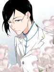  1boy black_hair bleach blue_eyes closed_mouth commentary_request flower glasses gradient gradient_background grey-framed_eyewear grey_background highres il_(il_suffered) ishida_uryuu jacket looking_at_viewer male_focus semi-rimless_eyewear shirt solo upper_body white_background white_flower white_jacket white_shirt 