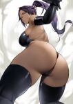  1girl ass bangs bare_shoulders black_gloves black_leotard black_thighhighs bleach breasts dark-skinned_female dark_skin elbow_gloves gloves highleg highleg_leotard highres large_breasts leotard long_hair looking_at_viewer looking_back parted_bangs ponytail purple_hair shihouin_yoruichi solo thighhighs thighs yellow_eyes yoshio_(55level) 