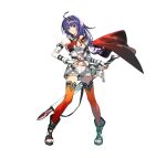  1girl absurdres ahoge alternate_costume bare_shoulders breasts capelet closed_mouth commentary_request fingerless_gloves fire_emblem fire_emblem:_path_of_radiance fire_emblem:_radiant_dawn fire_emblem_heroes full_body gloves hair_ornament hairband hand_on_hip highres holding long_hair looking_at_viewer medium_breasts mia_(fire_emblem) midriff official_art sheath sheathed shorts simple_background smile solo sword tank_top taroji thighhighs toeless_footwear toeless_legwear toes weapon white_background 