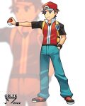  1boy absurdres artist_name backpack bag baggy_pants black_wristband brown_hair full_body green_pants hand_in_pocket hat highres looking_to_the_side male_focus orlek outstretched_arm pants pokemon pokemon_frlg red_(pokemon) red_hat red_vest shirt shoes short_hair short_sleeves solo standing t-shirt vest vs_seeker white_background yellow_bag zoom_layer 
