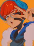  1girl :o blue_hair commentary_request glasses grey-framed_eyewear grey_eyes hand_up highres hood hoodie long_sleeves looking_to_the_side multicolored_hair open_mouth orange_background penny_(pokemon) pokemon pokemon_sv red_hair round_eyewear short_hair solo teeth thxzmgn two-tone_hair upper_body upper_teeth_only v 