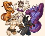 2024 abs absurd_res alyia_(dividebyezer0) anthro big_pecs blep bra breasts brown_body brown_fur brown_hair canid canine canis ceehaz cleavage clothed clothing dobermann dog_knight_rpg domestic_dog dragon eye_scar facial_scar felid female flexing fur group hair hair_over_eye hi_res male mammal mehllow_(character) muscular muscular_anthro muscular_arms muscular_female muscular_male mythological_creature mythological_scalie mythology nipples one_eye_closed one_eye_obstructed pantherine pecs pilosan pinscher pose purple_body purple_scales rory_(ceehaz) scales scalie scar sloth sofia_(arbiter1209) stretching striped_body striped_fur stripes three-toed_sloth tongue tongue_out underwear wao_(e-zoid) wink xenarthran 