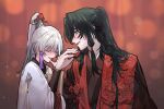 2boys alcohol archer_(fate/samurai_remnant) arm_guards black_hanfu blush chinese_clothes chinese_commentary chinese_hairpin choko_(cup) closed_eyes crossed_arms_drinking cup drinking fate/samurai_remnant fate_(series) green_hair grey_hair hair_ornament half_updo hanfu high_ponytail holding holding_cup keclpshvli lamp long_hair looking_at_another low-tied_sidelocks male_focus multicolored_hair multiple_boys ponytail red_eyes red_hanfu red_robe robe sidelocks sitting smile streaked_hair tassel tassel_hair_ornament white_hair white_hanfu xiao_guan_(headdress) zheng_chenggong_(fate) 