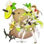  1girl bare_shoulders bird black_gloves boots breasts brooch character_request cherry closed_mouth commentary_request fingerless_gloves food fruit gloves green_eyes green_hair green_skirt high_ponytail jewelry kiwi_(bird) kiwi_(fruit) kiwi_hair_ornament kiwi_slice medium_breasts miyoshino official_art outstretched_arm pleated_skirt simple_background skirt smile solo standing sugar_conflict sweat thigh_boots whipped_cream white_background white_footwear 