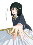  1girl black_jacket collared_shirt commentary_request fang folding_fan green_hair hair_between_eyes hair_ribbon hand_fan highres holding holding_fan jacket long_sleeves looking_at_viewer love_live! love_live!_nijigasaki_high_school_idol_club mifune_shioriko neck_ribbon nijigasaki_school_uniform open_mouth plaid plaid_skirt poizun_(user_wmgk4287) red_eyes ribbon school_uniform shirt short_hair skirt solo translated upper_body white_background white_shirt white_skirt winter_uniform yellow_ribbon 