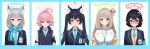  5girls :o absurdres ahoge animal_ear_fluff animal_ears armband ayane_(blue_archive) bangs black_hair blue_archive blue_eyes blue_jacket blue_necktie blue_scarf blue_vest blush breasts brown_eyes closed_mouth collared_shirt earrings elf extra_ears glasses green_eyes grey_hair hair_ribbon halo heterochromia highres hoshino_(blue_archive) jacket jewelry large_breasts light_brown_hair long_hair looking_at_viewer medium_hair multiple_girls necktie nonomi_(blue_archive) off_shoulder one_side_up open_clothes open_jacket pink_hair pointy_ears red_eyes ribbon sbbs scarf serika_(blue_archive) shiroko_(blue_archive) shirt short_hair simple_background smile twintails upper_body vest white_background white_shirt yellow_eyes 