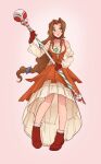  1girl absurdres aerith_gainsborough aerith_gainsborough_(garnet's_gown) bare_shoulders black_choker boots breasts brown_hair choker cosplay dress final_fantasy final_fantasy_vii final_fantasy_vii_ever_crisis full_body garnet_til_alexandros_xvii garnet_til_alexandros_xvii_(cosplay) gem gloves green_eyes green_gemstone hair_tie high-low_skirt highres holding holding_staff jewelry long_hair long_sleeves low-tied_long_hair mage_staff medium_breasts off-shoulder_dress off_shoulder official_alternate_costume orange_dress parted_bangs pendant puffy_long_sleeves puffy_sleeves red_footwear red_gloves sidelocks skirtzzz smile solo staff wavy_hair 