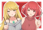  2girls absurdres bangs bare_shoulders blonde_hair blush breasts commentary_request facing_viewer food grey_sweater hand_up highres holding holding_food holding_pocky large_breasts long_hair long_sleeves multiple_girls mythra_(xenoblade) off-shoulder_sweater off_shoulder open_mouth pocky pocky_day pyra_(xenoblade) red_background red_eyes red_hair red_sweater ribbed_sweater ryochan96154 short_hair sleeveless sleeveless_sweater smile sweater swept_bangs white_background xenoblade_chronicles_(series) xenoblade_chronicles_2 yellow_eyes 