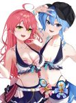  2girls :3 :d ahoge arm_up aya02ka belt black_baseball_cap blue_eyes blue_garter_straps blue_hair blue_nails blue_ribbon blue_shorts blue_stripes bow bow_skirt bra breasts breasts_apart chain cleavage collarbone commentary_request dot_nose earrings flower gold_bracelet gold_chain green_eyes hair_between_eyes hair_flower hair_ornament hair_over_shoulder hand_in_own_hair hand_out_of_frame hands_up head_tilt highres hololive hololive_summer_2023_swimsuit horizontal-striped_clothes hoshimachi_suisei jewelry large_breasts light_blush long_hair looking_at_viewer lower_teeth_only medium_breasts multicolored_bra multicolored_clothes multiple_girls navel official_alternate_costume open_mouth pink_garter_straps pink_hair pink_nails pink_ribbon pink_stripes pleated_skirt polka_dot polka_dot_bow polka_dot_skirt ribbon sakura_miko shorts side_ponytail single_bare_shoulder single_earring skirt smile star_(symbol) star_earrings striped_clothes teeth underwear v vertical-striped_clothes virtual_youtuber white_background white_belt 