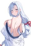  1girl absurdres back blue_eyes blush braid breasts covering_breasts covering_privates genshin_impact grey_hair hair_ornament hair_over_one_eye highres large_breasts long_hair looking_at_viewer parted_lips partially_undressed rosumerii shenhe_(genshin_impact) solo very_long_hair white_background white_hair 