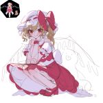  1girl ankle_socks ascot back_bow bow closed_mouth flandre_scarlet full_body hands_on_own_chin hat hat_ribbon highres light_smile looking_at_viewer mary_janes mob_cap puffy_short_sleeves puffy_sleeves rakugakiman2222 red_eyes red_footwear red_ribbon red_skirt red_vest ribbon ribbon-trimmed_headwear ribbon-trimmed_sleeves ribbon_trim shirt shoes short_sleeves skirt smile socks solo stuffed_toy touhou vest white_hat white_shirt white_socks wings wrist_cuffs yellow_ascot 