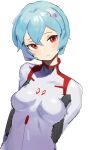  1girl absurdres arms_behind_back ayanami_rei bangs blue_hair bodysuit breasts closed_mouth evangelion:_3.0+1.0_thrice_upon_a_time expressionless hair_ornament highres interface_headset looking_at_viewer medium_breasts neon_genesis_evangelion plugsuit rebuild_of_evangelion red_eyes short_hair simple_background solo t-lex white_bodysuit 