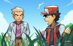 2boys artist_name belt black_belt black_eyes black_hair blonde_hair brown_pants building closed_mouth cloud coat collared_shirt commentary day grass hat highres jacket lab_coat male_focus multiple_boys open_clothes open_coat open_jacket orlek outdoors pants pokemon pokemon_rgby purple_shirt red_(pokemon) red_hat samuel_oak shirt short_hair sky spiked_hair 