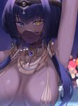  1girl absurdres ankh arm_up armpits bangs bare_shoulders black_hairband blue_eyes blue_hair breasts candace_(genshin_impact) commentary_request dark_skin genshin_impact hairband heterochromia highres jewelry jeze large_breasts long_hair mouth_veil neck_ring solo upper_body veil yellow_eyes 