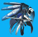  1boy absurdres armband black_footwear black_gloves black_jacket blue_background blue_hair closed_mouth coffin digital_media_player evoker full_body gekkoukan_high_school_uniform gloves gun hair_over_one_eye highres holding holding_gun holding_sword holding_weapon jacket looking_at_viewer male_focus open_clothes open_jacket persona persona_(summon) persona_3 persona_3_reload pointing pointing_at_self red_armband sach56000 school_uniform shirt sword thanatos_(persona) weapon white_shirt yuuki_makoto_(persona_3) 