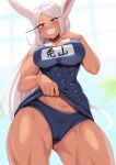  1girl abs absurdres animal_ears blush boku_no_hero_academia breasts cameltoe clothes_pull competition_school_swimsuit dark-skinned_female dark_skin harurukan highres large_breasts long_eyelashes long_hair looking_at_viewer mirko muscular muscular_female name_tag old_school_swimsuit rabbit_ears rabbit_girl red_eyes school_swimsuit smile solo swimsuit thick_thighs thighs water_drop white_hair 