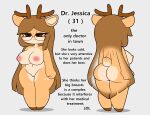 2022 anthro big_butt breasts butt cervid doctor dr._jessica_(tonytoran) english_text eyewear female genitals glasses hi_res mammal model_sheet pussy solo text thick_thighs tonytoran wide_hips 