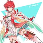  1girl character_name closed_mouth commentary_request dress fairy_wings fake_wings fire_emblem fire_emblem_fates fire_emblem_heroes gloves hand_on_own_hip highres hinoka_(fire_emblem) hinoka_(resplendent)_(fire_emblem) looking_at_viewer official_alternate_costume red_eyes red_gloves red_hair short_dress short_hair signature simple_background smile solo wings yuurururun 