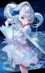  1girl blue_eyes blush closed_mouth dress fighting_stance floating_hair glyph hair_ornament hand_up highres holding holding_sword holding_weapon light_rays looking_at_viewer myrtenaster ponytail pouch rwby sash scar scar_across_eye solo sword tiara umiru weapon weiss_schnee white_dress white_hair 