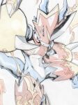  armor blue_skin colored_skin digimon digimon_(creature) dragon fire fladramon helmet highres horns looking_at_viewer red_armor red_eyes red_helmet simple_background single_horn takeuchi_(a3) white_background white_skin 