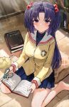  1girl bangs barefoot blush book breasts clannad hair_bobbles hair_ornament highres hikarizaka_private_high_school_uniform holding holding_book holding_scissors ichinose_kotomi indoors large_breasts library long_hair looking_at_viewer purple_eyes purple_hair school_uniform scissors sitting sonchi 