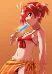  1girl absurdres antenna_hair bikini breasts commentary_request cowboy_shot food front-tie_bikini_top front-tie_top groin hasegawa_(hase_popopo) highres isshiki_akane navel popsicle red_bikini red_hair sarong scrunchie short_hair small_breasts solo swimsuit tongue tongue_out twintails vividred_operation 